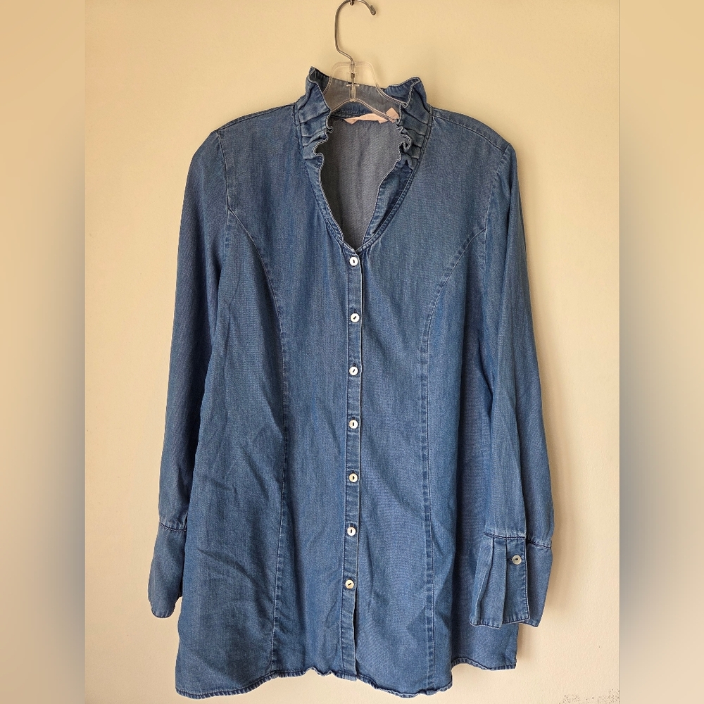 Soft Surroundings Chambray Blue Ruffle Collar Button-Up Shirt Long XL